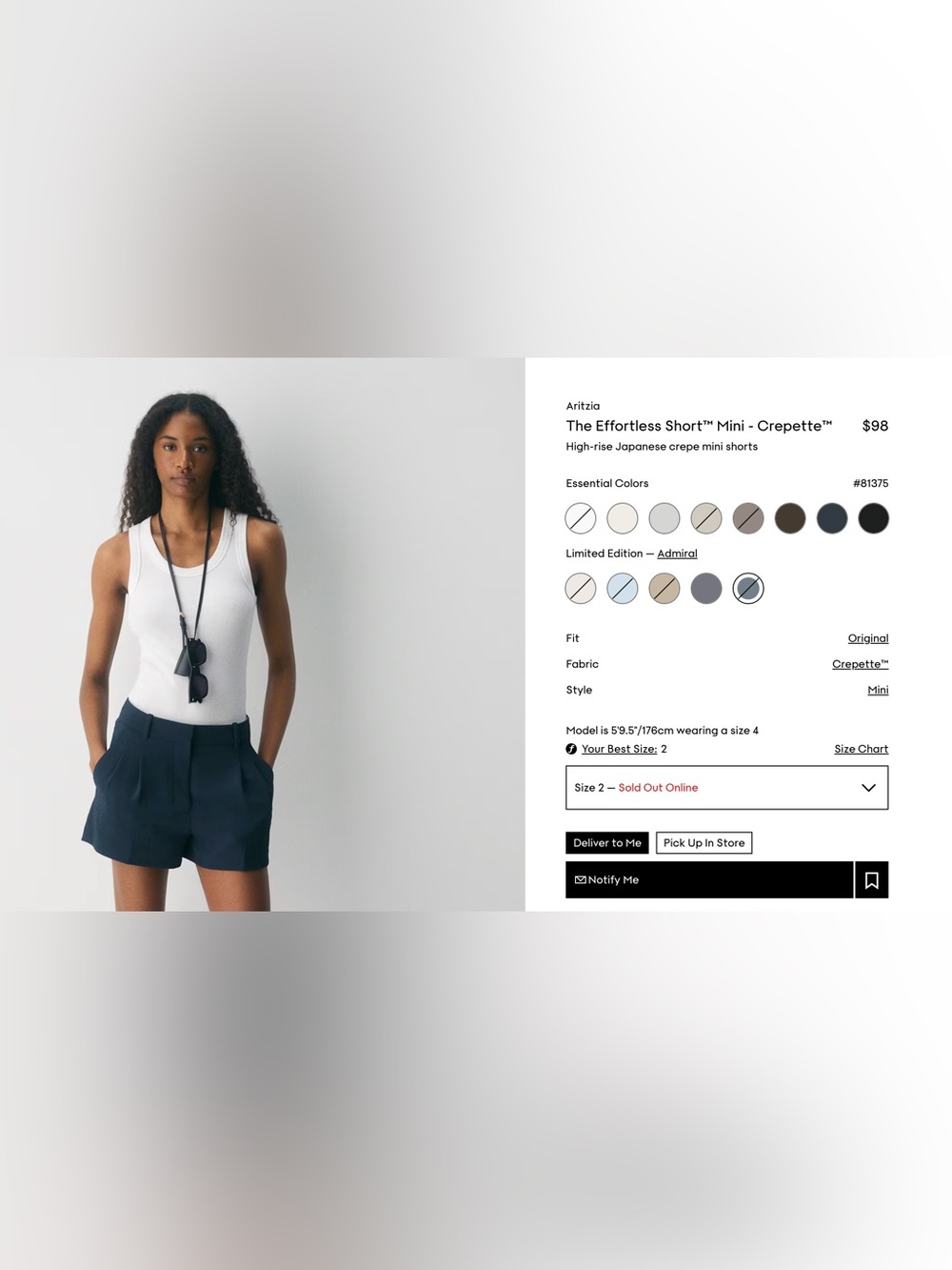 Aritzia Navy High-Rise Crepe Mini Shorts. Sz 2. Color: Admiral